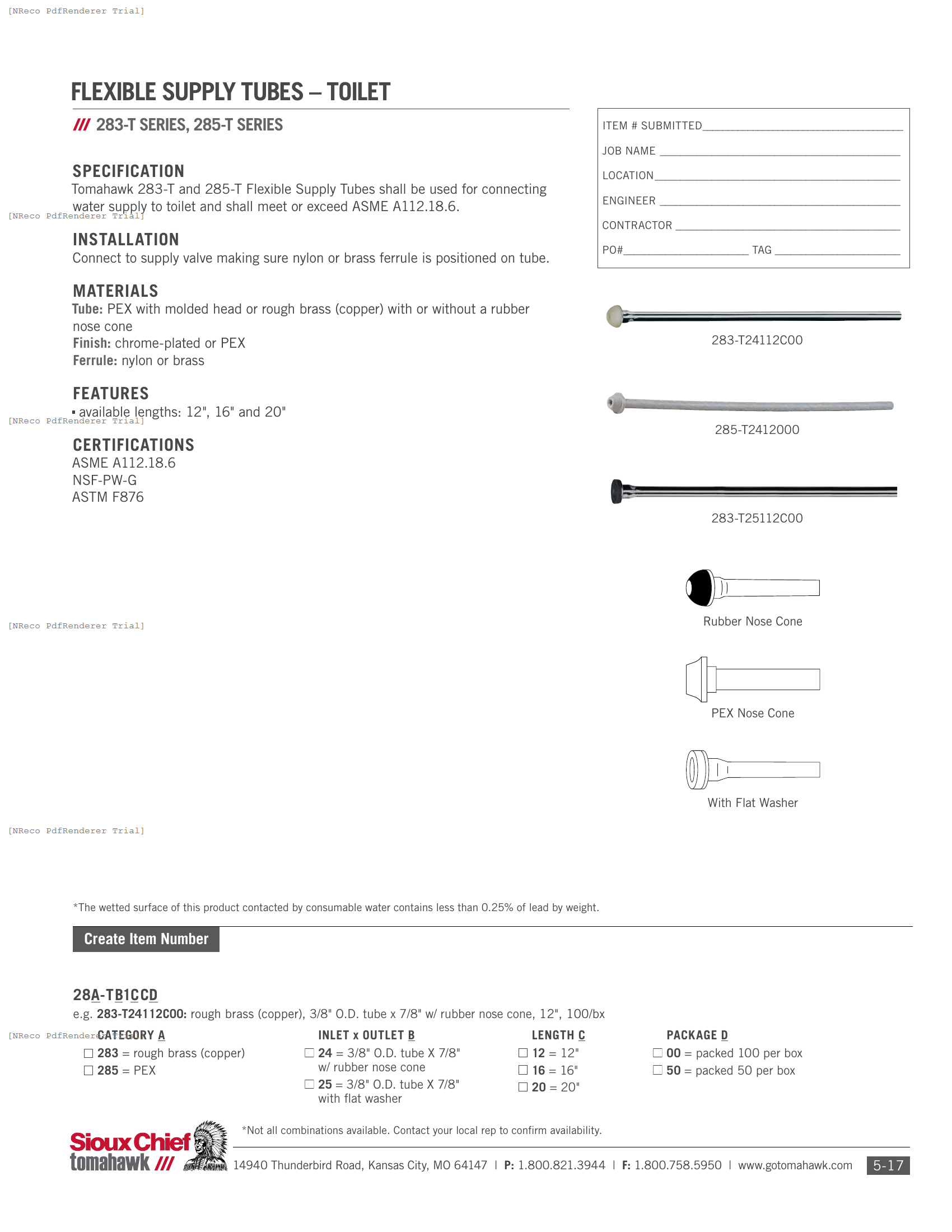 283 & 285 SERIES - FLEXIBLE CLOSET SUPPLY TUBE - SPEC SHEET.PDF Specification Document
